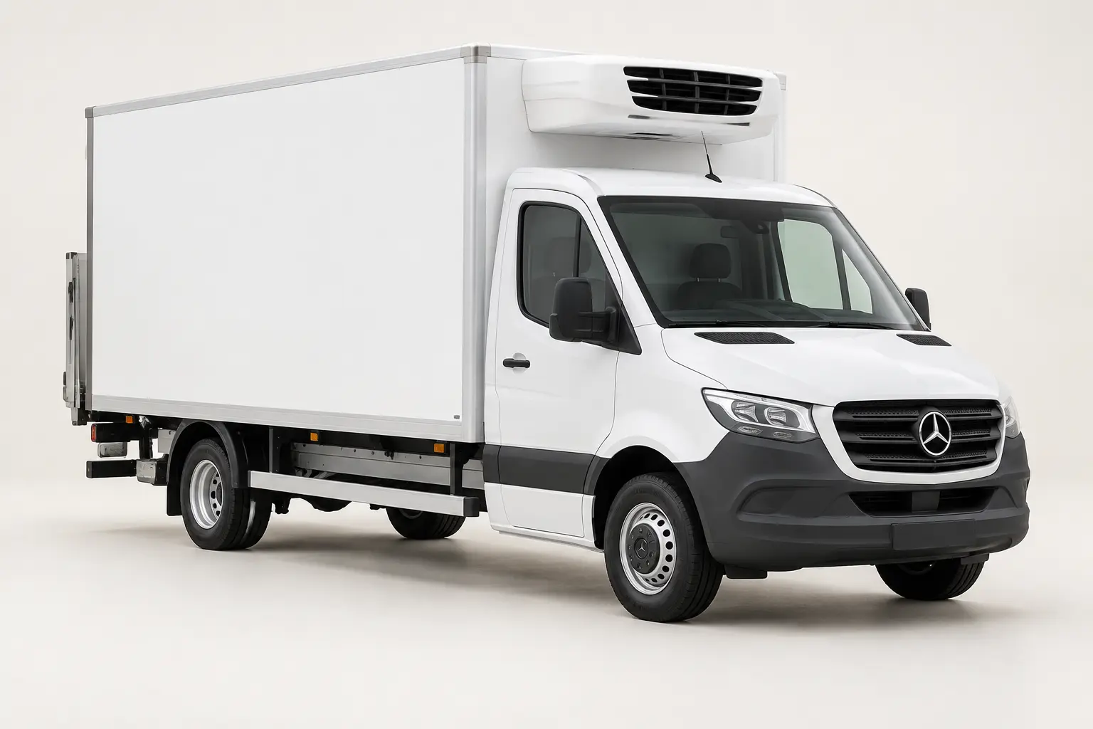 White Mercedes-Benz Luton Refrigerated Courier Van, facing right